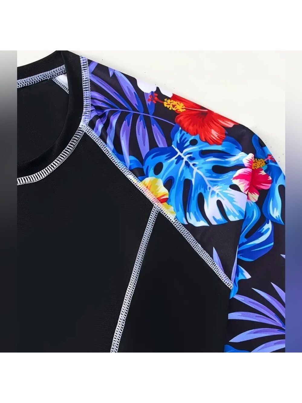 2pc Floral Tropical Print Long Sleeve Rash Guard Short Swim Set - Picture 4 of 8
